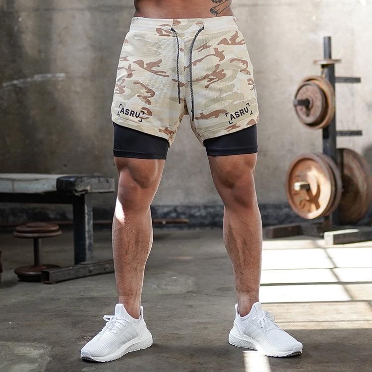 Shorts de Corrida ao Ar Livre Masculino Plus Size com Camada Dupla e Múltiplos Bolsos