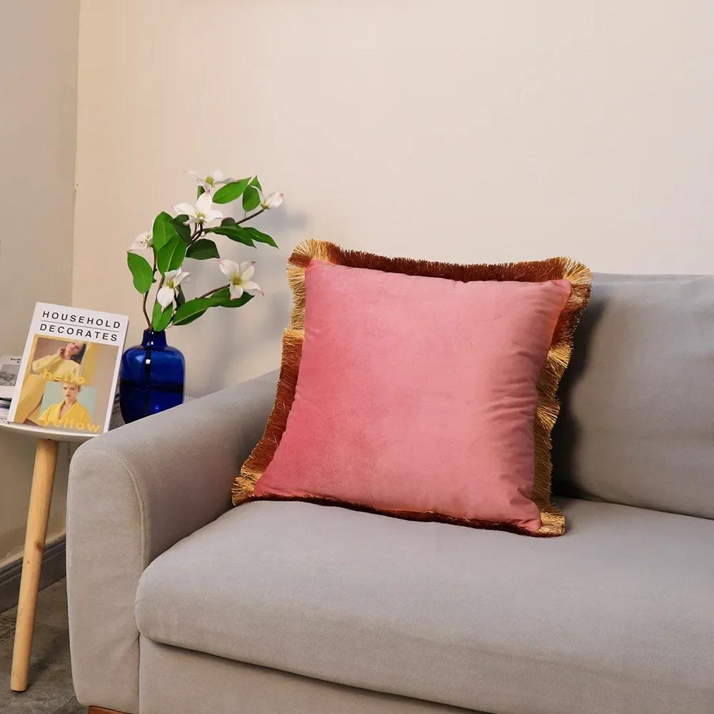 Velvet Cushion Cover with Gold Tassels Edge, Monochromatic Pillowcase, Decorative Sample Room, Bed and Sofa