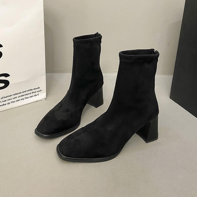 

Женские полусапоги до середины икры, роскошные замшевые женские сапоги, боковая молния, эластичные модные сапоги, высокое качество, элегантные высокие каблуки, женская обувь 2025 35 чёрный