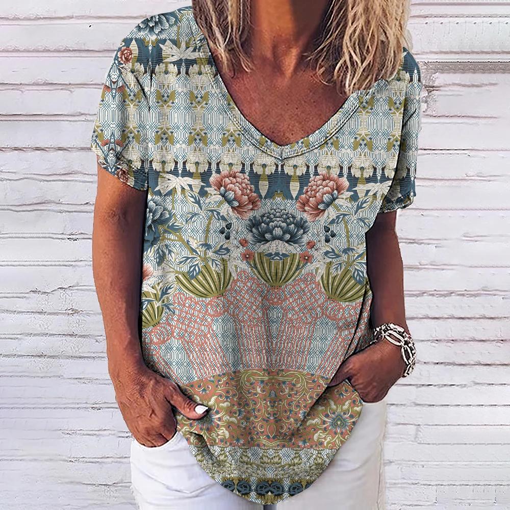 Fashion Women's T-shirt 3D Floral Print Tops Tees V Neck Short Sleeves Female Clothes Summer Large Size T Shirt Woman Clothing