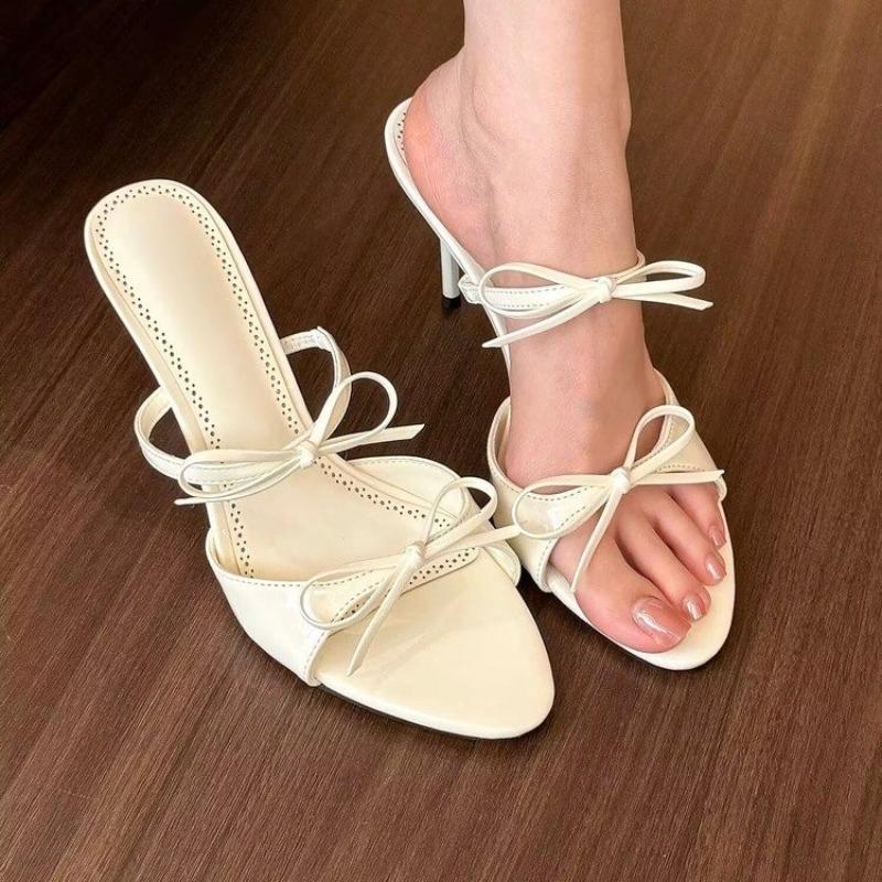 Fashion Women's Cool Drag Fashion Round Toe Open Toe One Line with Bow Non-slip Sandals Summer Outer Wear Stiletto Heels
