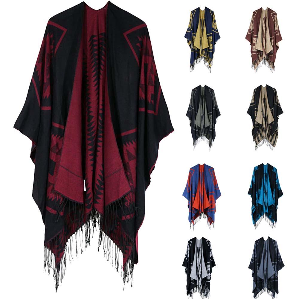 Women's Bohemian Tassel Knit Poncho - Reversible Long Pashmina Cape Shawl For Winter & Fall - View #9