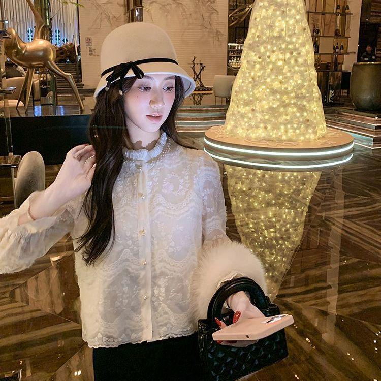 

2025 Women s Stylish Velvet Lace Shirt: Winter Stand Collar & Pearl Flare Sleeves S Below 95 lbs