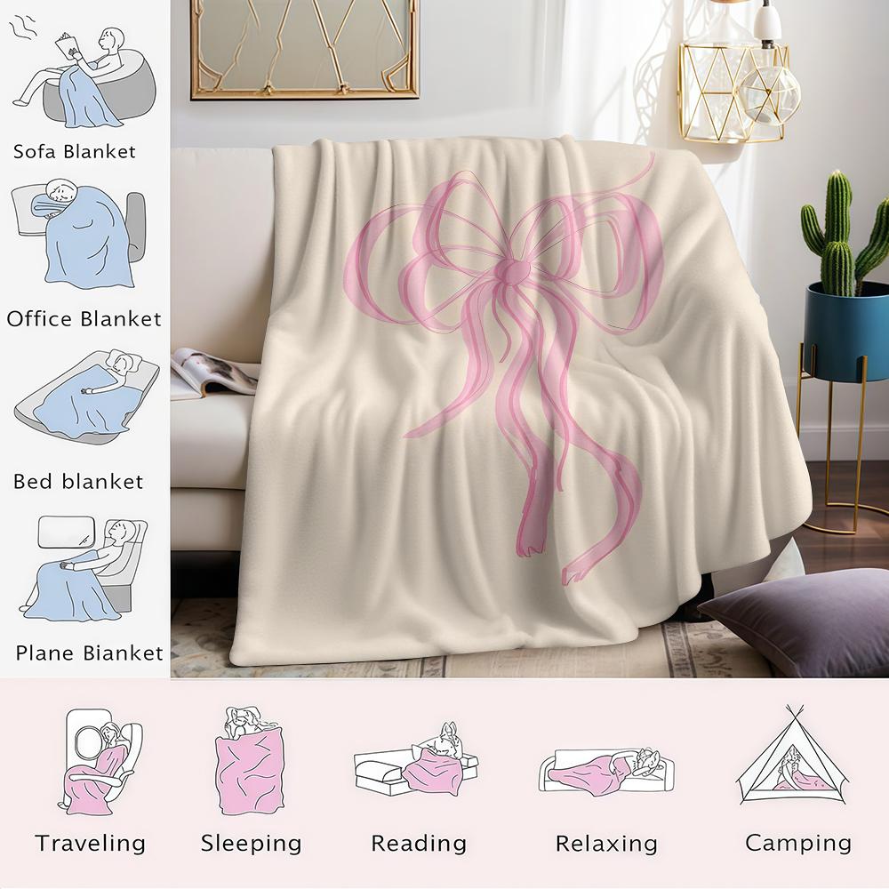Blush Ribbon Bow Flannel Blanket Warm Soft Halloween Christmas Couch Warm Cozy Decorative Decor Gift for All Season