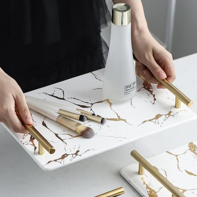 Imitation marble textured ceramic tray Skincare products, jewelry storage tray Dressing table storage ornaments Bathroom tray