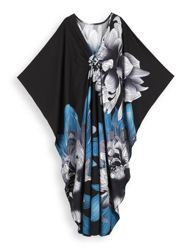 EDOLYNSA Versatile Blue Women's Kaftan Robe Light jacket Caftan Bathrobe Vacation Long Dress Hot Selling Lounge around Outfit Q1289