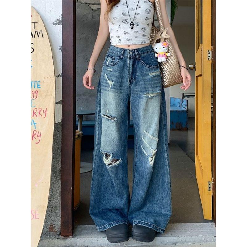 American Retro Ripped Drape Denim Female 2025 This Year Popular Loose All-Match Wide Leg Pants Mop Pants Pants