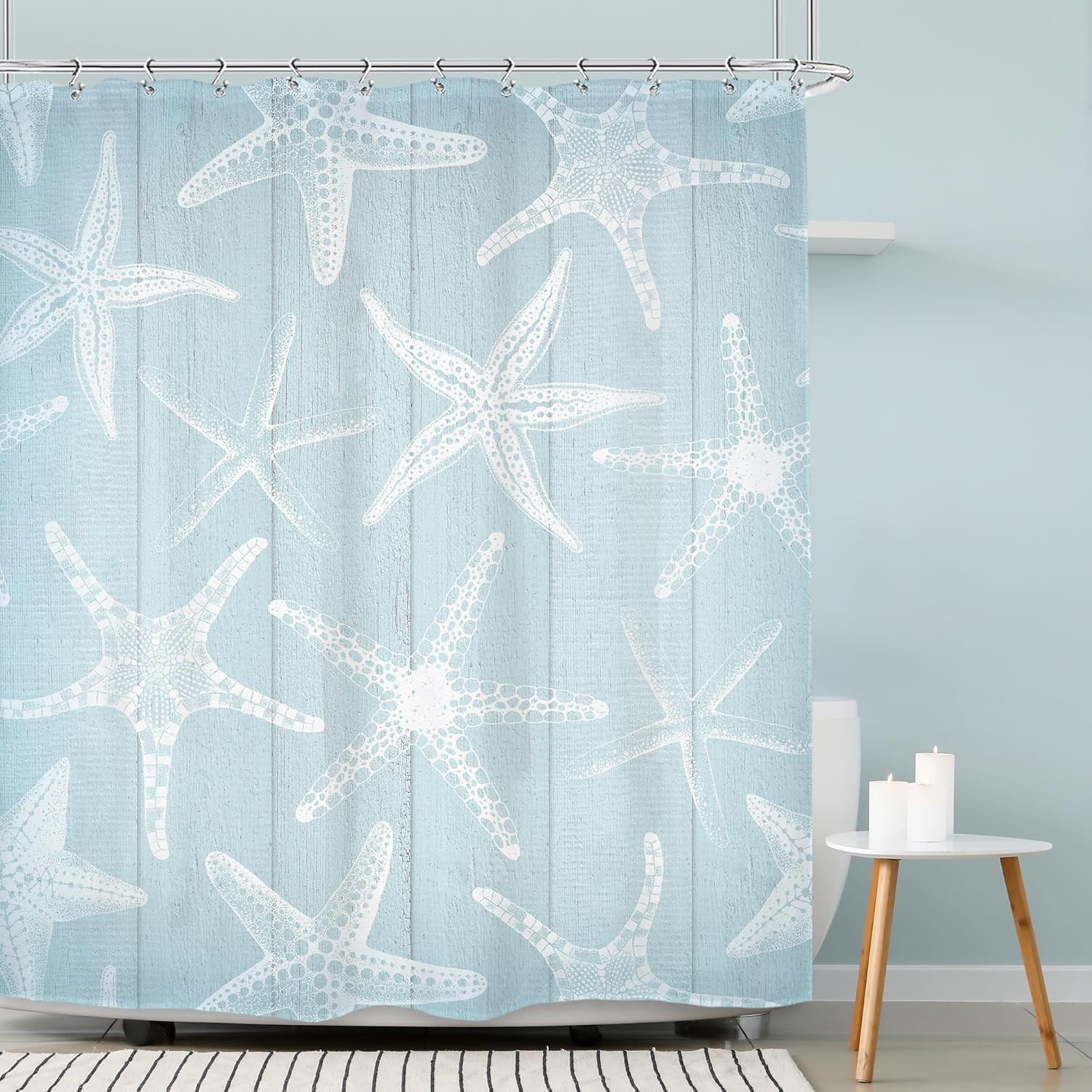 

Beachy Shower Blue Coastal Beach Starfish Farmhouse Nautical Barn Wooden Plank Ocean Vintage Pastel Rustic Country Bathroom W60H190(CM)-1 Pcs