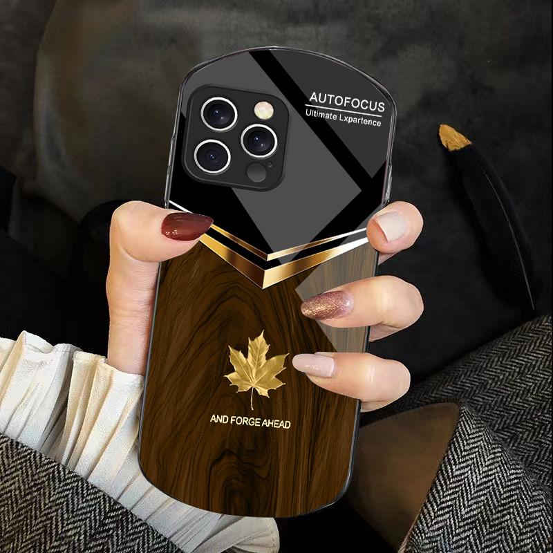 V-shaped Maple Leaf For Iphone 11 12 13 14 15 16 Pro Max Plus Mini 7 8 Se 2020 X Xs Xr Elliptical Tempered Glass Phone Case