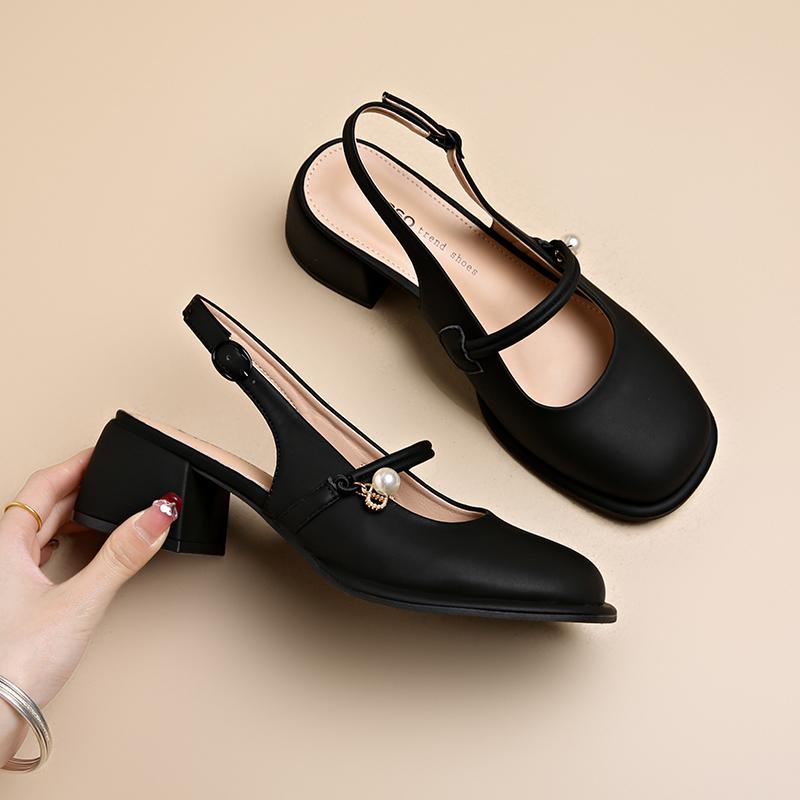 2025 Summer New Women's Mary Jane Shoes High Heel Fairy Tale Style Slip-On Match Skirts French Thick Heel Single Shoes Round Toe