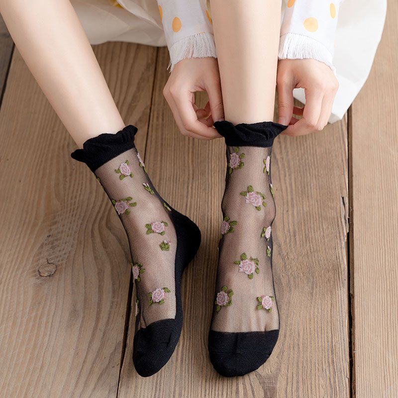 3 Pairs of Summer Socks for Women Thin Rose Style Sexy Black Stockings JK Lolita Lace Socks
