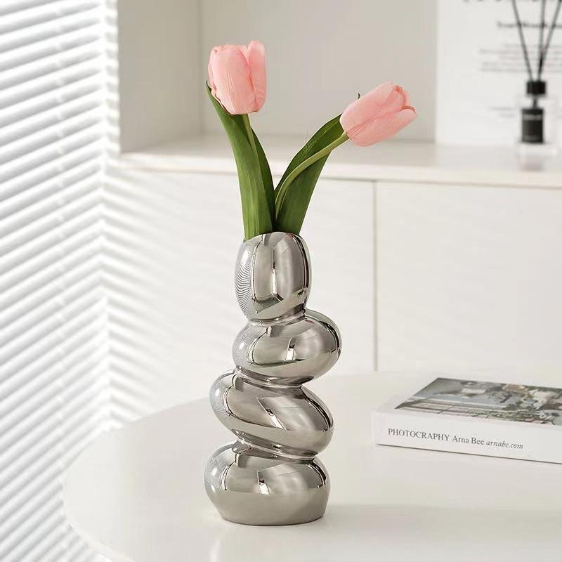 

Luxury Pebble Vase Decor Minimalist Flower Pot for Living Room TV Cabinet Desktop Ornament серебряный