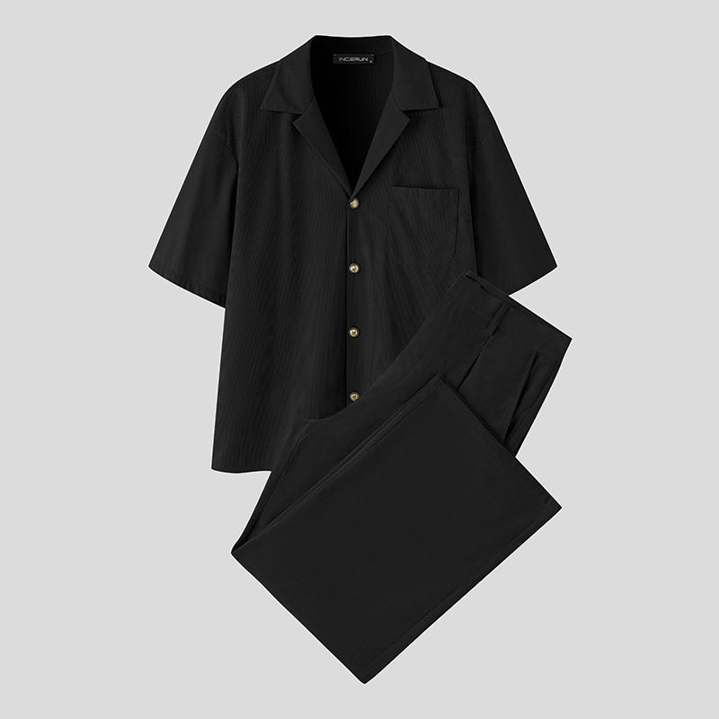 INCERUN 2PCS Men Lapel Neck Corduroy Short Sleeve Shirt Long Straight Pants Sets Outfits
