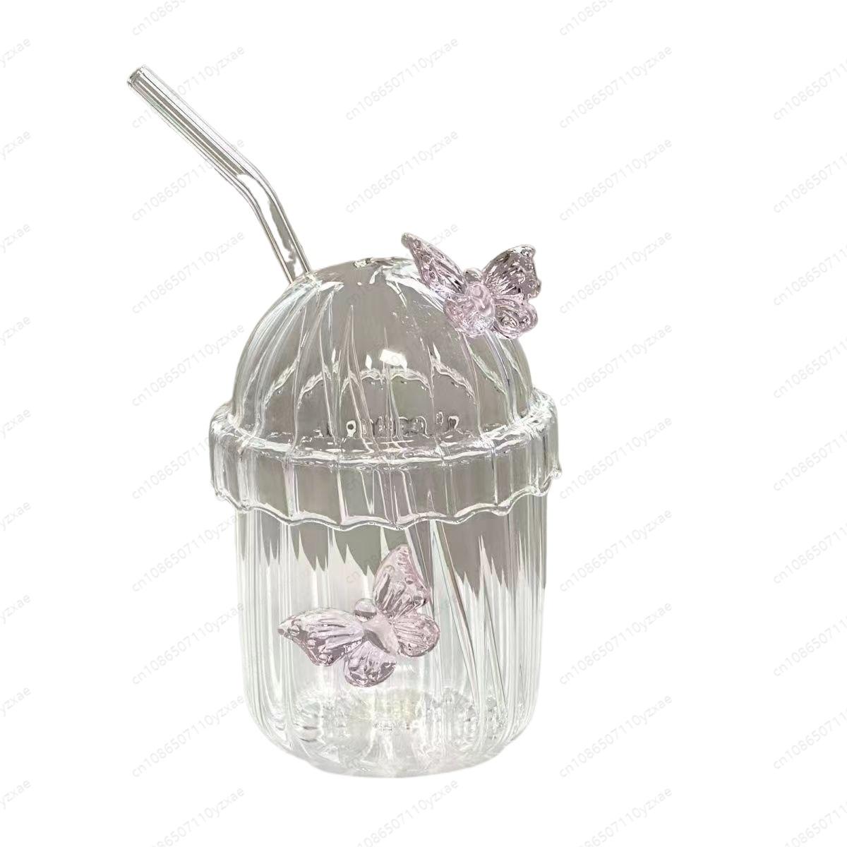 

Butterfly Boba Straw Glass Cup with Lid - 500ml Creative Bubble Milk Tea Cup, Heat Resistant Borosilicate for Iced Coffee