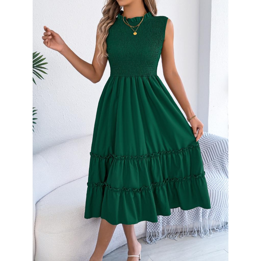 Spring Summer Women's Casual Smocked Waist Sleeveless Ruffle Trim Flowy Maxi Long Dress for European American Crossborder