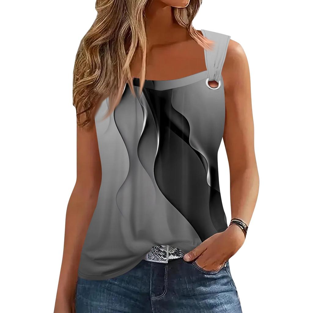 Summer Tank Tops For Women Pleated Square Neck O Ring Shoulder Sleeveless Top Casual Loose Fit Trendy Blouse