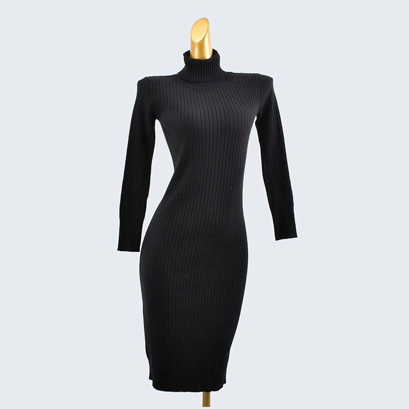 

Fall and Winter High Lapel Sunken Stripe Silm All-Matching Sheath Knitted Sweater Dress Pure Color Long Sleeves Female Base Mid-Length Dress Black One size