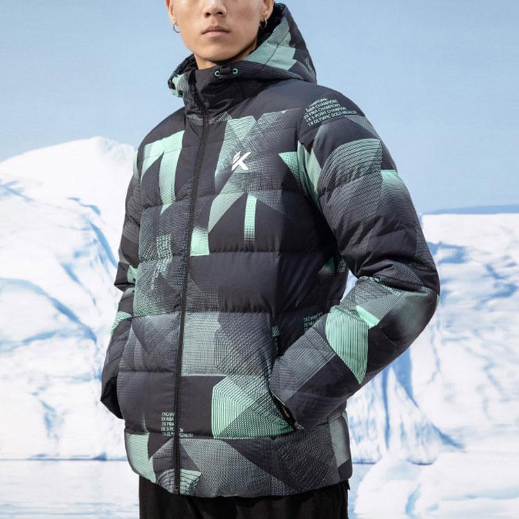 Anta Basketball Series Full Print Colorblock Hooded Down Jacket Men Outerwear Fairy-Tale-Green 152141923-4