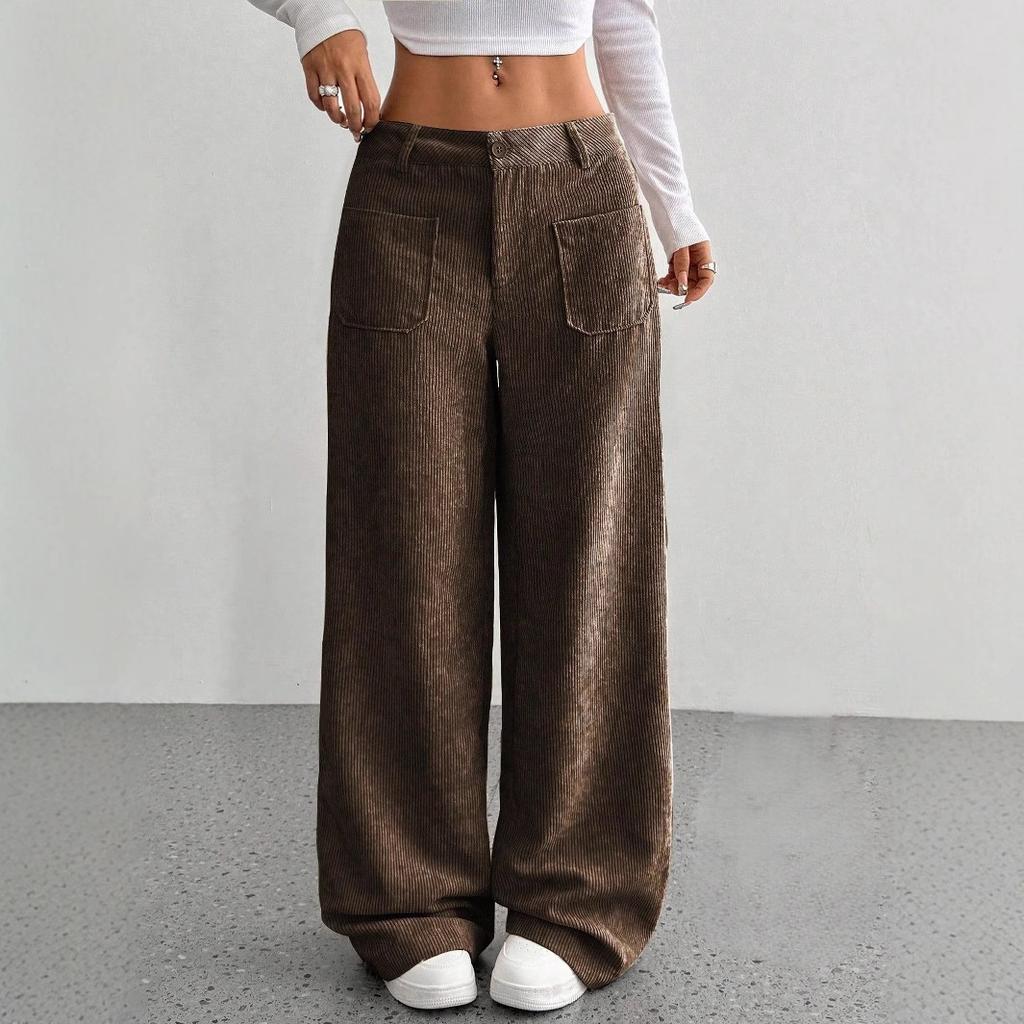 Corduroy-Textured Women's High-Waisted Wide-Leg Pants | Relaxed Fit Side Pockets & All-Season Comfort, Machine Washable Beige Trousers