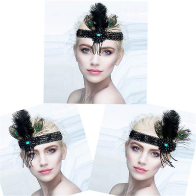 Stretchable Hairband With Glitter Fringe Natural Ostrich Peafowl Feather Comfortable Adjustable Headpiece For Event
