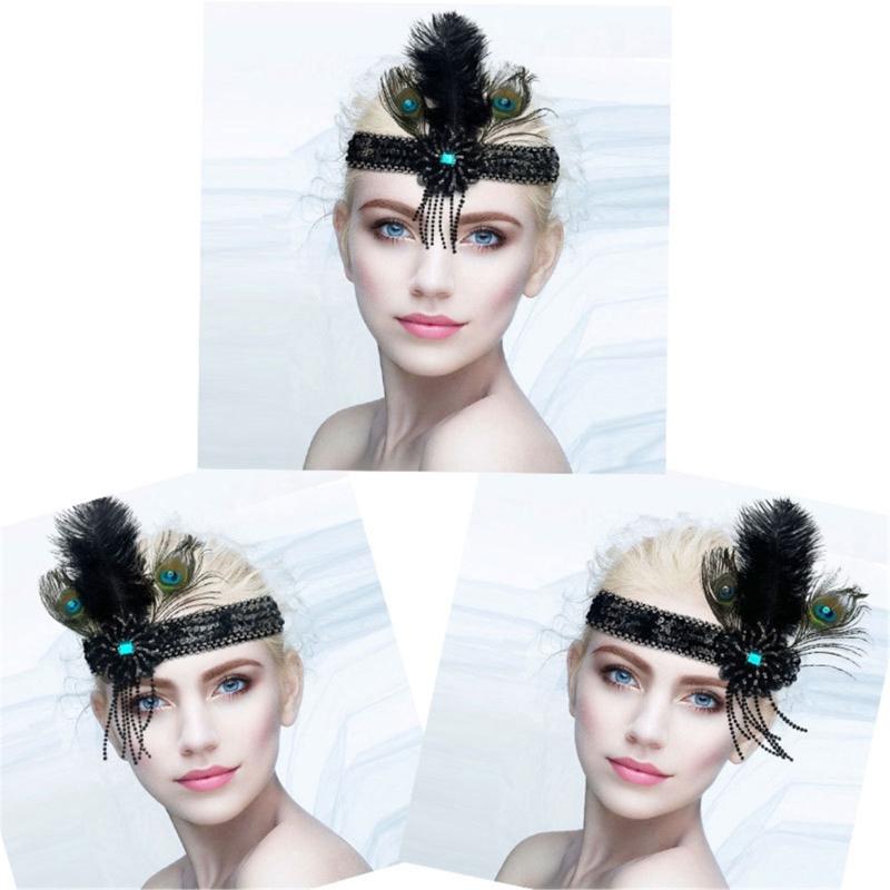 Stretchable Hairband With Glitter Fringe Natural Ostrich Peafowl Feather Comfortable Adjustable Headpiece For Event