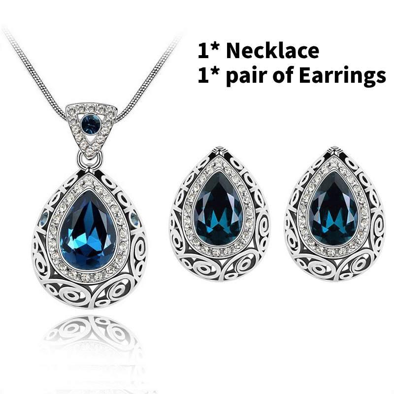 

Teardrop Shaped Necklace Earrings Alloy Jewelry Set Women Fashion Blue Gift