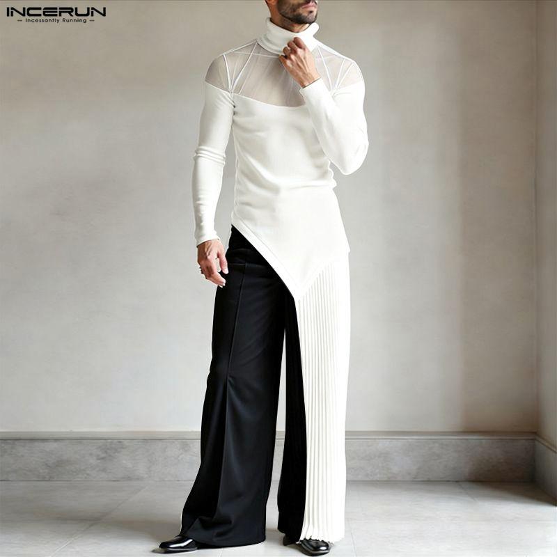 INCERUN Men Casual Turtleneck Long Sleeve Mesh Sheer Patchwork Irregular T-shirts Undershirts