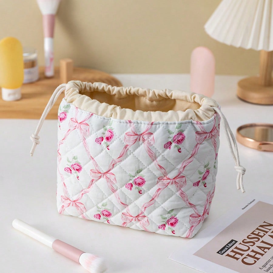 Drawstring Cosmetic Bag With Embossed Print, Large Capacity Drawstring Cosmetic Bag Pink Bow разноцветный
