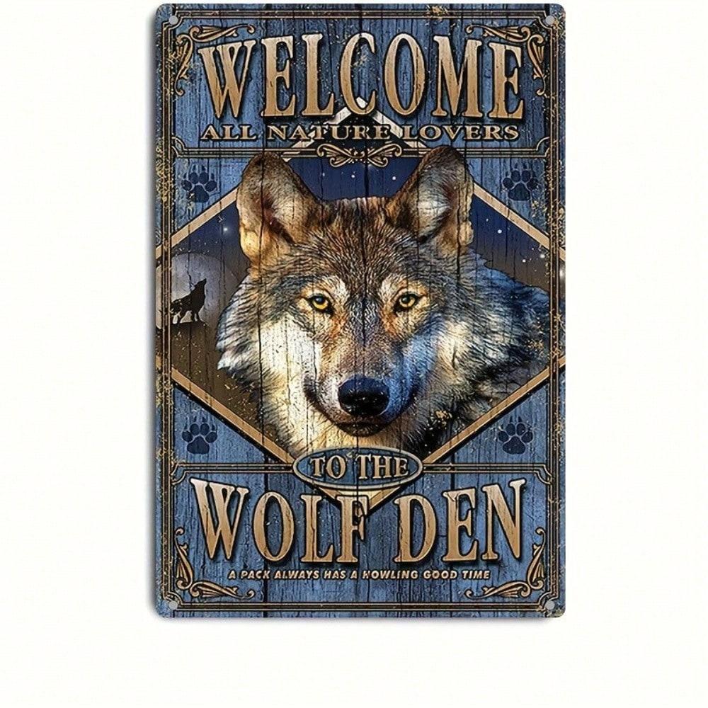 

Vintage Wolf Den Metal Sign Retro Cabin Decor Nature Lover Wall Art 20x30cm білий