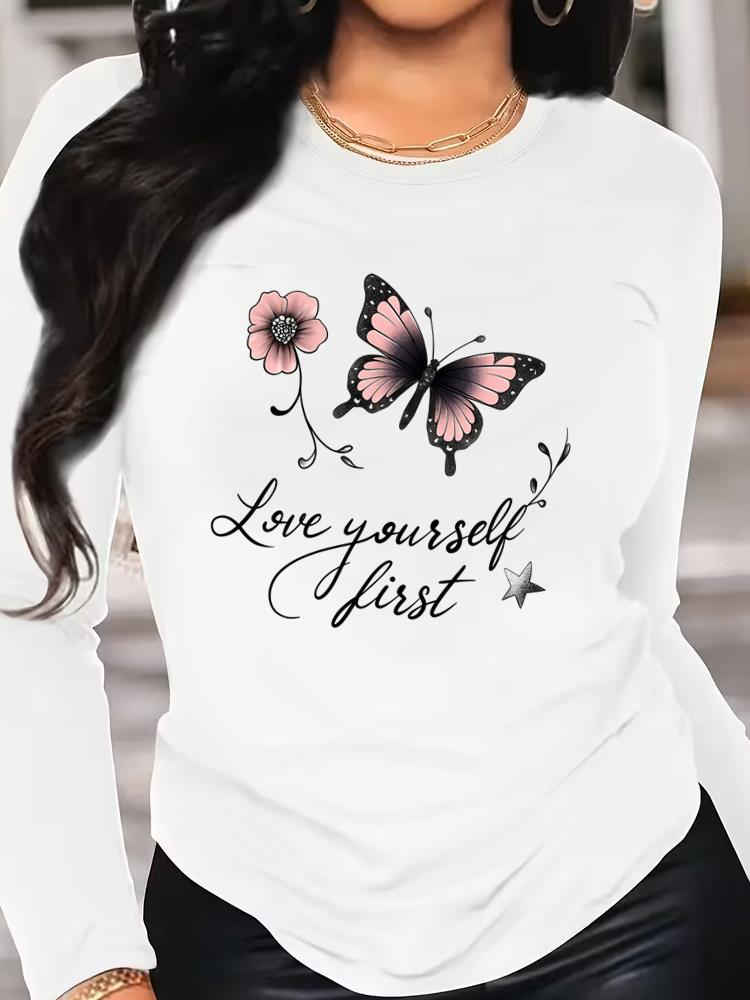 (Asian Size) Tee o-neck Print autumn winter spring Women Clothing butterfly 90s trend Casual Long Sleeve T Shirt Fashion Top Graphic T-shirts