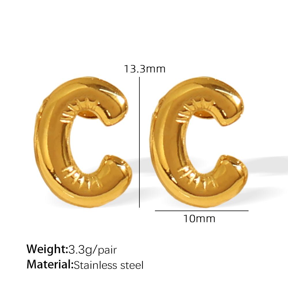 Gold Stainless Steel Bubble 26 Letter Stud Earrings Simple Chubby Earrings