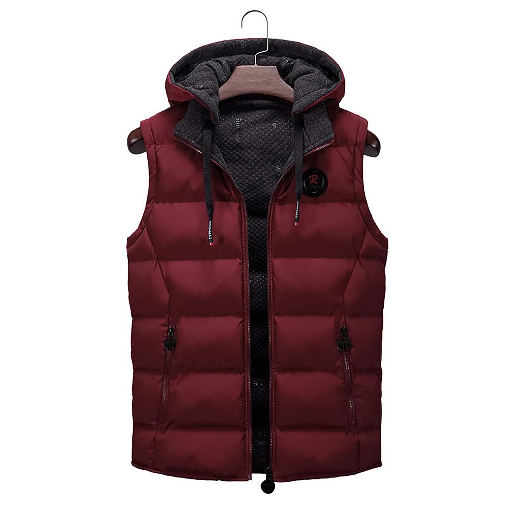Fashion Men Autum Winter Hooded Solid Outwear Vest Jacket Tops Blouse