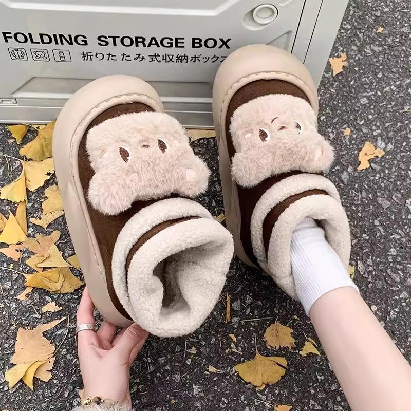 New 2025 Autumn and Winter Cute Bear New Cotton Shoes Velvet Warm Bread Shoes Home Non-slip Cotton Slippers