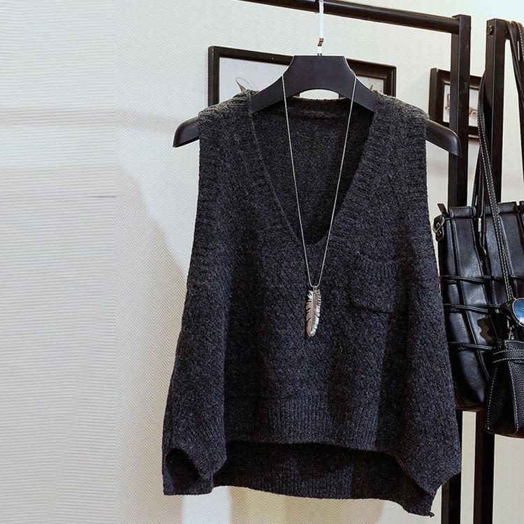 

Весенне-осенний короткий свободный жилет в студенческом стиле, вязаный однотонный жилет, карманный свитер без рукавов для женщин L