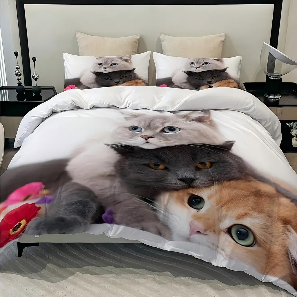 Cute Three Kittens 3D Print Bedding Set For Kid Teen Adult Animal Style Duvet Cover Soft Comfortable Home Polyester Quilt Cover