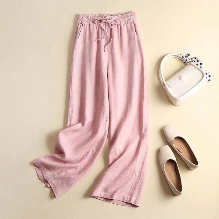 Women's High-Waisted Cotton-Linen Wide-Leg Pants - 2024 Summer Slimming, Versatile, Loose, Straight-Leg Design