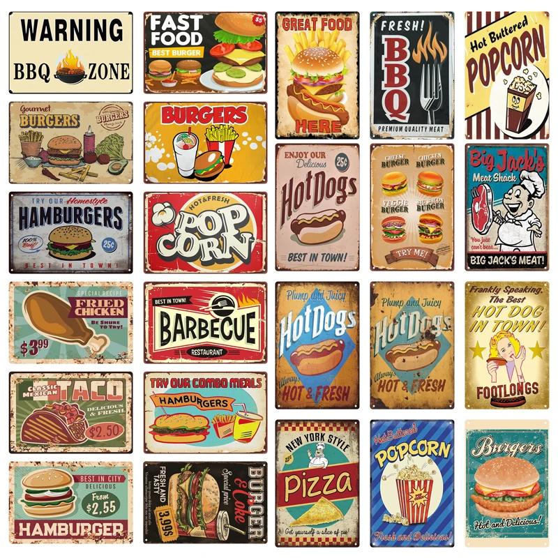 Panneau en étain pour hamburgers, frites, HotDogs, FastFood, Plaque métallique rétro Vintage, affiche en métal, Pizza BBQ pour décoration murale de cuisine