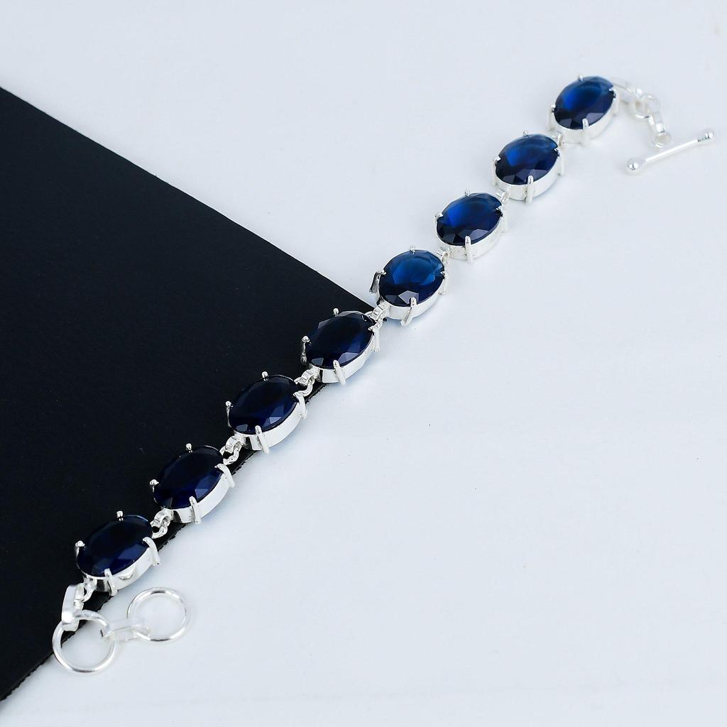 Blue Sapphire Gemstone Handmade 925 Sterling Silver Bracelet, Blue Sapphire Bracelet For Wife , Unisex Bracelet Party Gift For Her