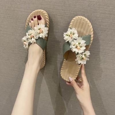 Damen Outdoor Flache Hausschuhe 2024 Sommer Böhmischer Stil Spitze Blume Überkreuzriemen Pantoletten für Damen Urlaub Strandschuhe Sandalen