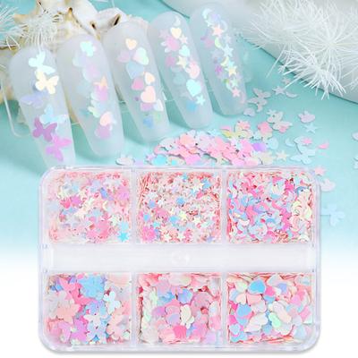 3D-Nagel-Glitzer-Pailletten, 6 Gitter, Stern, Mond, Schmetterling, Hase, Herzform, Maniküre-Zubehör, Gesicht, Hand, Körper, Augen, Make-up, Dekoration, Valentinstagsgeschenk