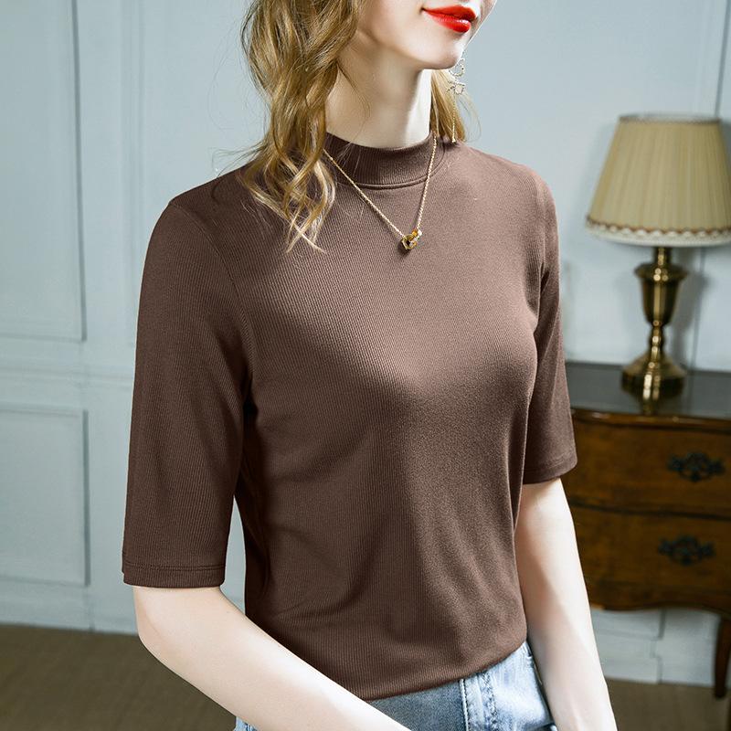 White T-shirt women's half-sleeved early autumn new front shoulder stand-up collar slim t-shirt women's five-quarter-sleeved versatile top