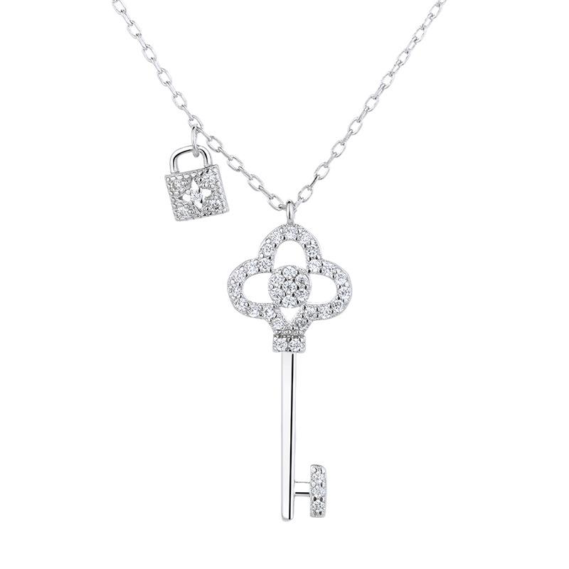 European & American Style Minimalist Key Lock Pendant Necklace with Micro-Paved Zircon Choker for Women