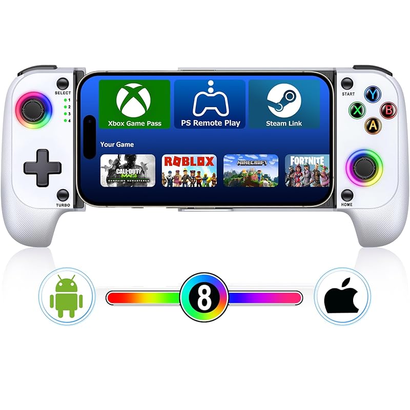 Мобильный игровой контроллер для iPhone/Android, Беспроводной контроллер для телефона с поддержкой чехла, RGB игровой контроллер, подходящий для Xbox Game Pass, белый