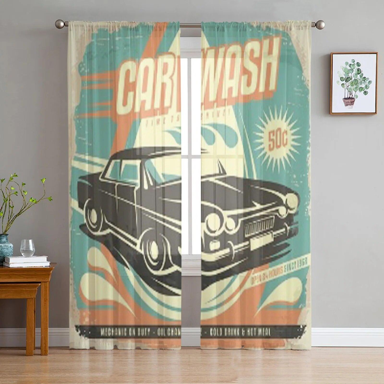 

Ретро дизайн плаката для автомойки, прозрачная занавеска для гостиной, спальни, вуаль, шторы для окон, занавески из органзы, вечерние тюлевые шторы 135W x 114H(cm)