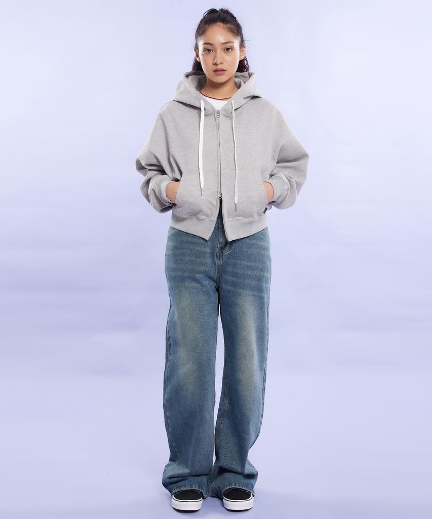 Cream Soda Lab Plain All Season Two-Way Crop Zip-Up Hoodie Gray