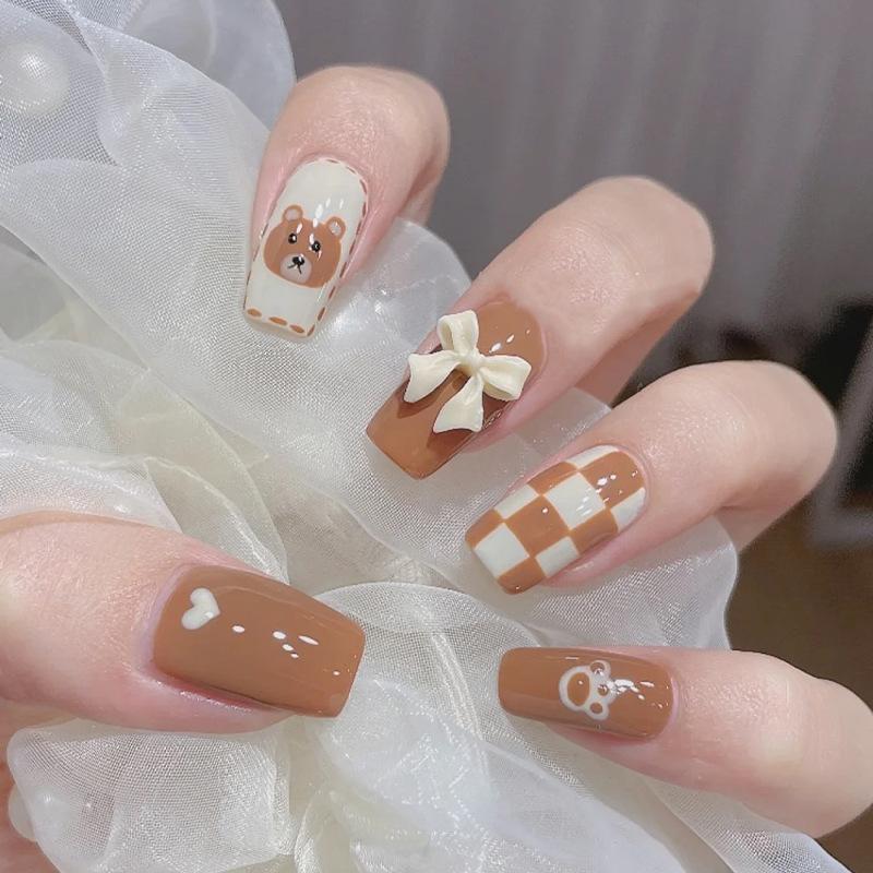 Domestic hot-selling small fresh manicure, cute and sweet cartoon plaid bear bow short wearing armor boxed glue model