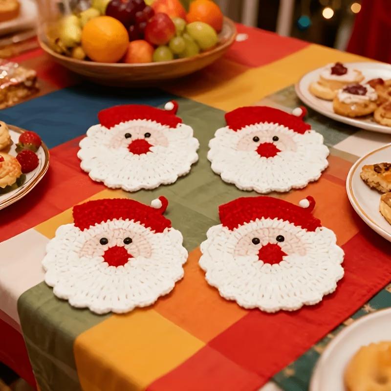 Christmas Santa Claus Crochet Coasters Handmade Drink Coasters for Holiday Table Setting and Home Decor