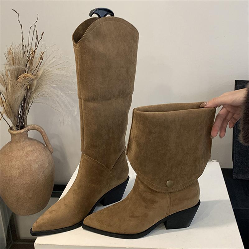 Eilyken Winter Designer Pointed Toe Women Knee High Boots Fashion Square Heels Buckle Fold Short Shoes Botas