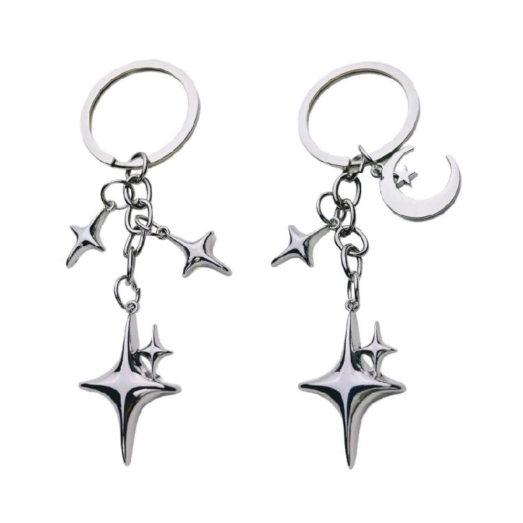 2PCs Contemporary Star Moon Key Rings Rusts Proof Zinc Alloy Keyring With Safety Lock Fashion Keychain Accessory