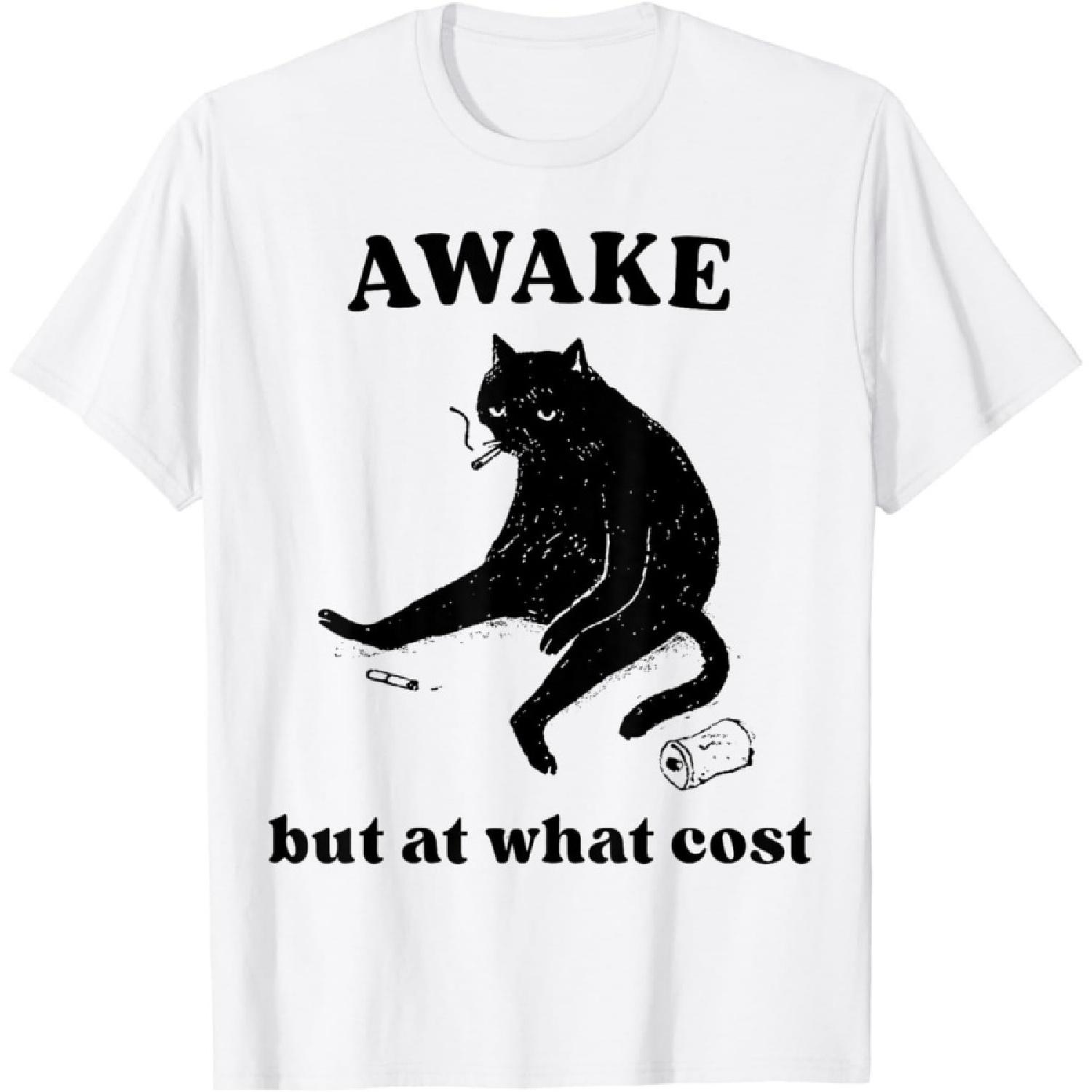 ObRenKi Black Cat Smoking Awake But at What Cost Funny Cat Meme T-Shirt XXXXXL белый